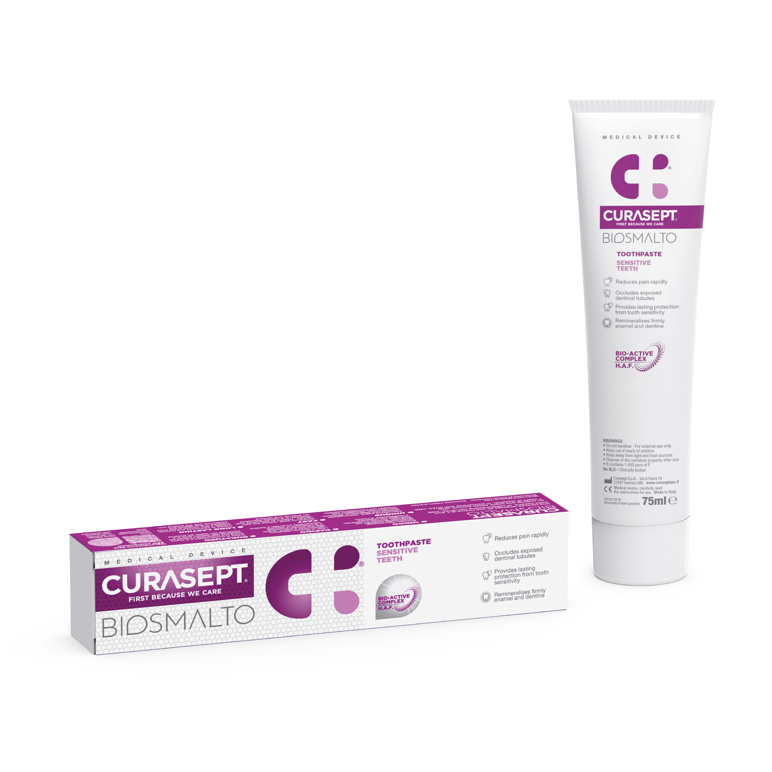 toothpaste and pack Curasept Biosmalto sensitive teeth